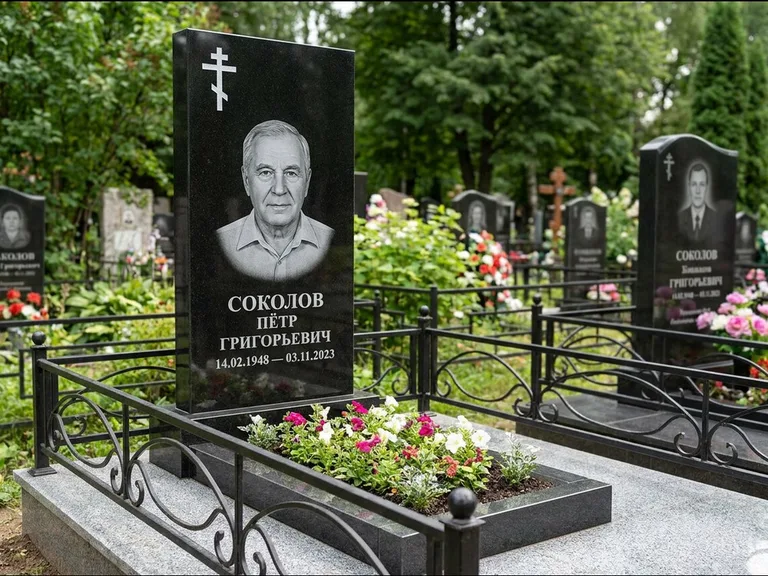 Памятник из чёрного гранита — стела с арочным верхом с православным восьмиконечным крестом, работа «Ковалёв» в Новом Уренгое