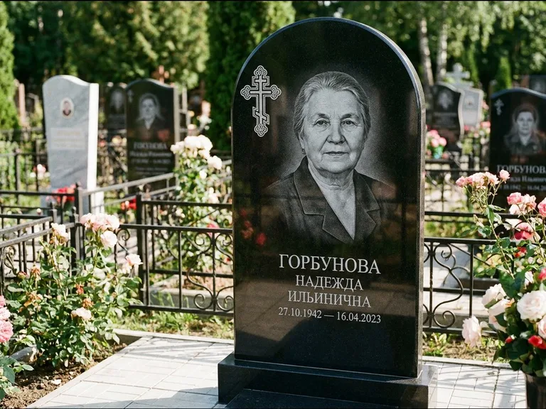 Памятник из чёрного гранита — стела с боковой колонной с крестом в лучах, работа «Мельникова» в Новом Уренгое