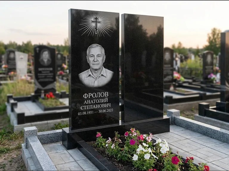 Памятник из чёрного гранита — стела на ступенчатом постаменте с золочёным крестом, работа «Богданов» в Новом Уренгое