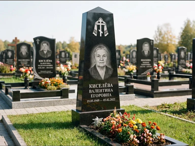 Памятник из чёрного гранита — стела со скошенным верхом с ажурным резным крестом, работа «Селезнёва» в Новом Уренгое