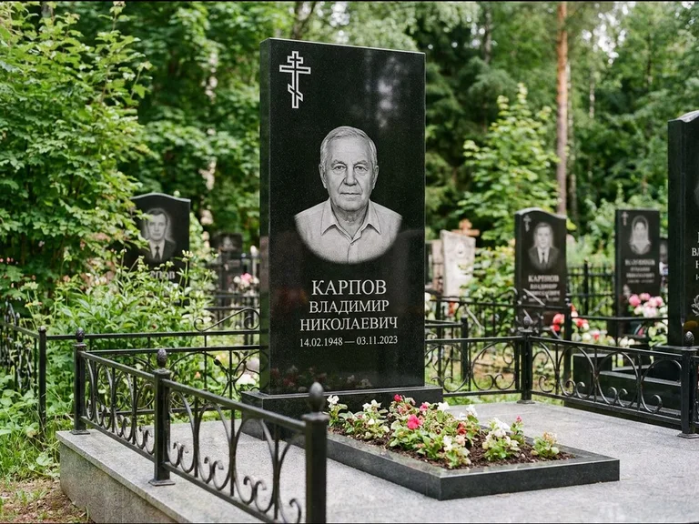 Памятник из чёрного гранита — узкая стела с ажурным крестом с православным восьмиконечным крестом, работа «Гущин» в Новом Уренгое