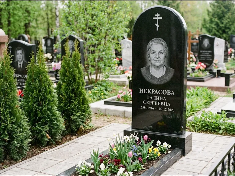Памятник из чёрного гранита — стела с цветником-плитой с латинским крестом, работа «Лаврентьева» в Новом Уренгое