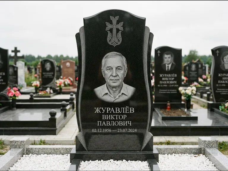Памятник из чёрного гранита — панорамная стела с армянским хачкаром, работа «Тихонов» в Новом Уренгое