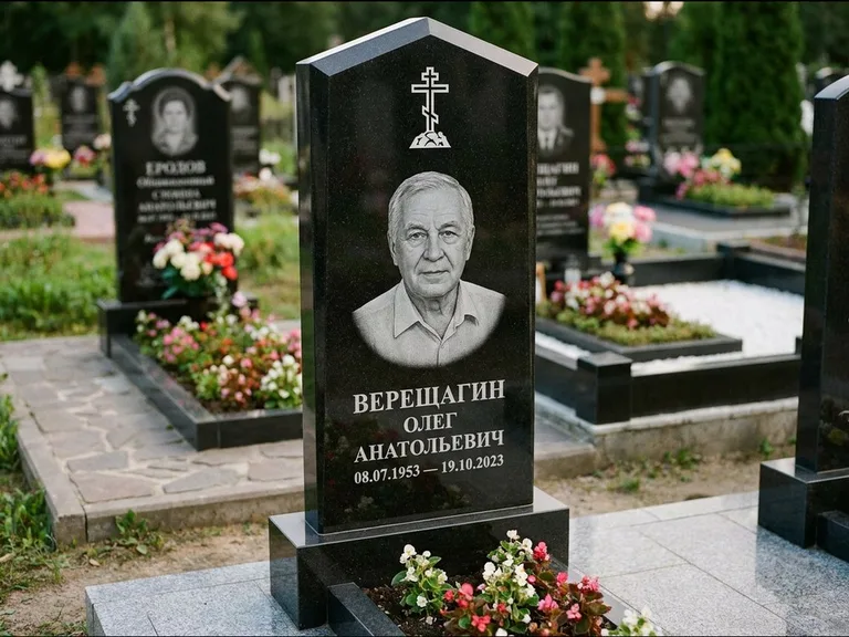 Памятник из чёрного гранита — обелиск-колонна с крестом на Голгофе, работа «Ковалёв» в Новом Уренгое