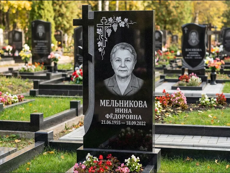 Памятник из чёрного гранита — стела с резной рамкой с крестом с распятием, работа «Некрасова» в Новом Уренгое