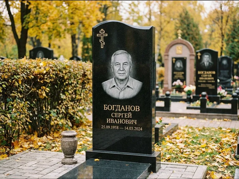 Памятник из чёрного гранита — стела с цветником с процветшим крестом с виноградной лозой, работа «Журавлёв» в Новом Уренгое