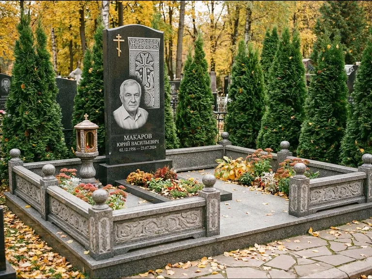 Памятник из чёрного гранита — стела с крестом и лампадой с армянским хачкаром, работа «Гущин» в Новом Уренгое