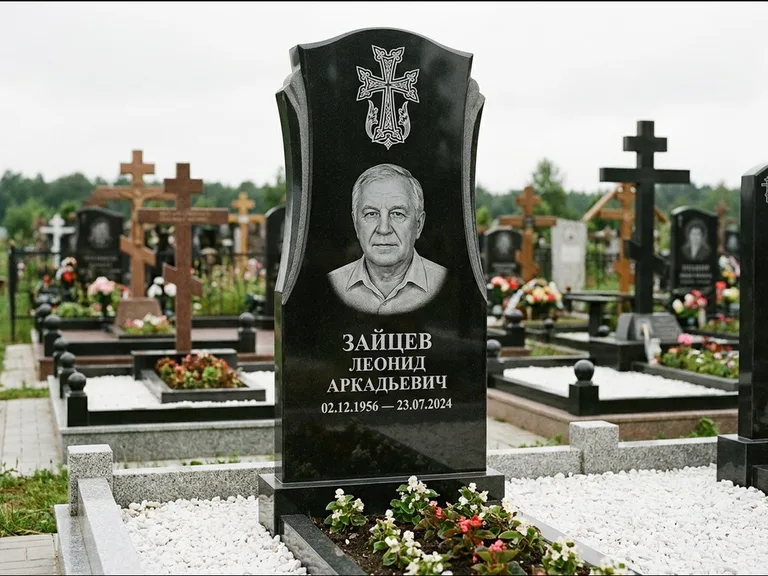 Памятник из чёрного гранита — семейная стела на двоих с армянским хачкаром, работа «Журавлёв» в Новом Уренгое