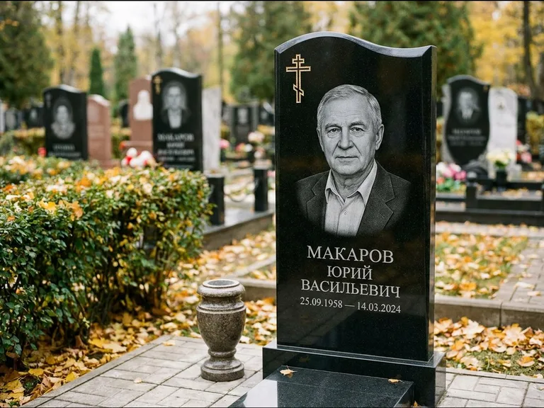 Памятник из чёрного гранита — фигурная стела с киот-нишей с процветшим крестом с виноградной лозой, работа «Богданов» в Новом Уренгое