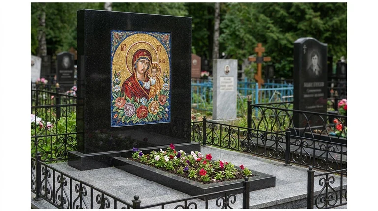 Мозаика на памятник в Новом Уренгое — цветное панно из смальты на чёрной гранитной стеле