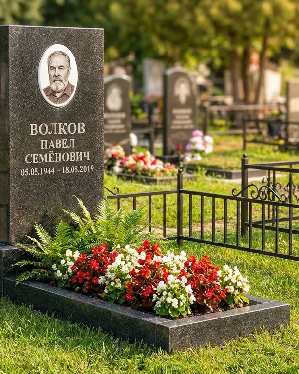 Тёмно-серый памятник под ключ с художественной гравировкой в Новом Уренгое