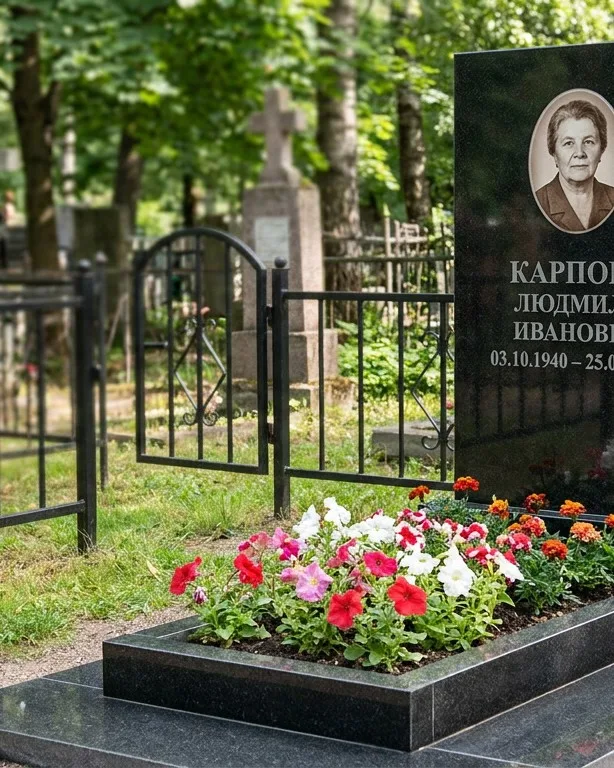 Памятник под ключ с низкой оградой и цветником в Новом Уренгое