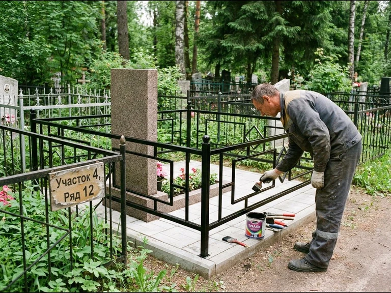 Покраска оградки на кладбище в Новом Уренгое — мастер красит металлическую ограду на могиле чёрной эмалью