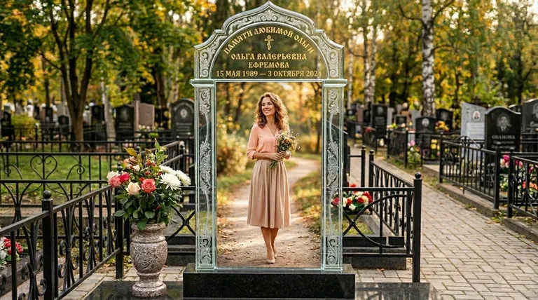 Портрет на стекле в форме арки на памятнике в Новом Уренгое