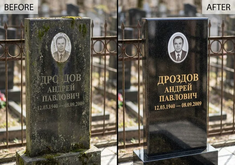 Чистка и полировка гранитного памятника: до и после в Новом Уренгое