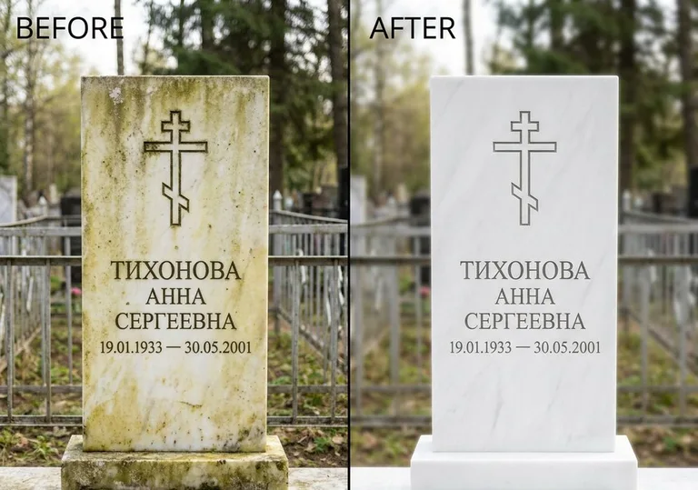 Восстановление мраморного надгробия от желтизны: до и после в Новом Уренгое