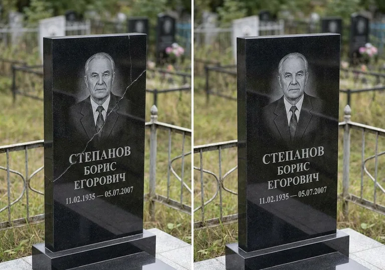 Восстановление надписи и портрета на памятнике: до и после в Новом Уренгое