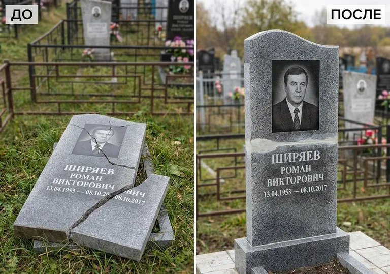 Обновление золочёных букв на граните: до и после в Новом Уренгое