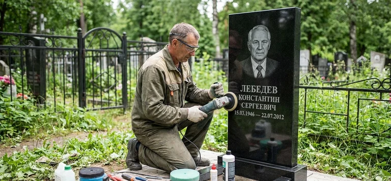 Реставрация памятника в Новом Уренгое — восстановление гранита, заделка трещин и обновление надписей на кладбище
