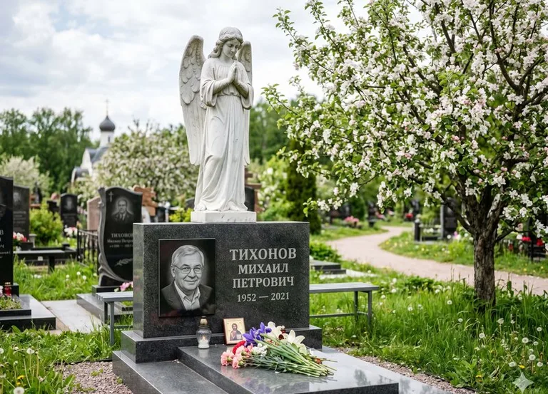 Мраморный молящийся ангел на гранитном памятнике весной в Новом Уренгое