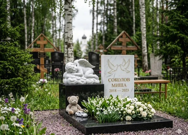 Белый ангелочек на детском памятнике в Новом Уренгое