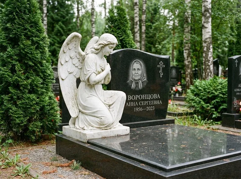 Белый мраморный ангел на гранитном памятнике в Новом Уренгое