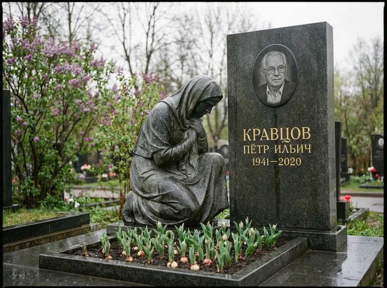 Гранитная скорбящая фигура у стелы на кладбище в Новом Уренгое