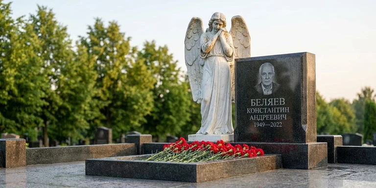 Скульптура на памятник в Новом Уренгое — мраморный ангел на гранитном мемориале