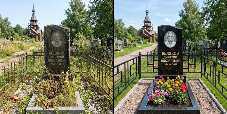 Уборка могилы с вазой и цветами до и после в Новом Уренгое