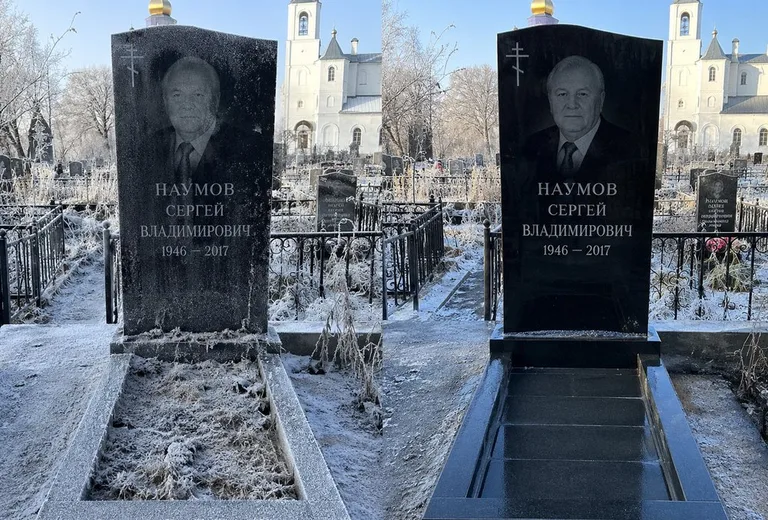 Диптих №18: могила с деревянным крестом и низкой оградкой — выполота трава в Новом Уренгое