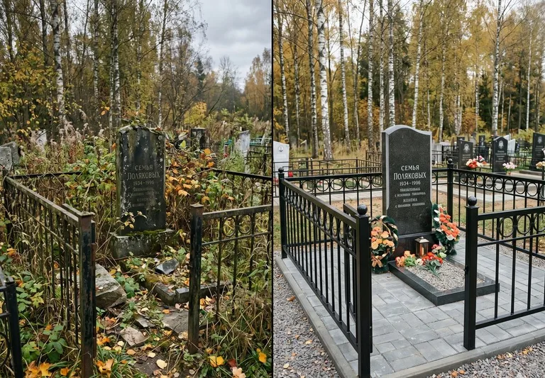 Премиум-комплекс уборки: мойка памятника, покраска ограды и благоустройство участка под ключ
