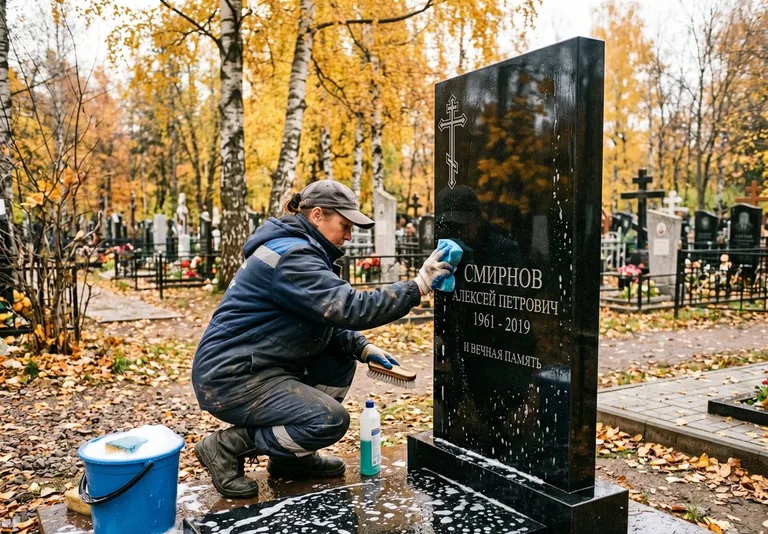 Мойка гранитного памятника на кладбище