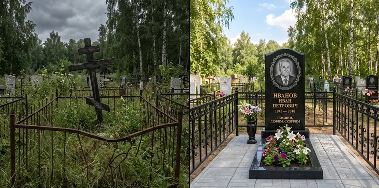 Благоустройство могилы до и после установки памятника в Новом Уренгое