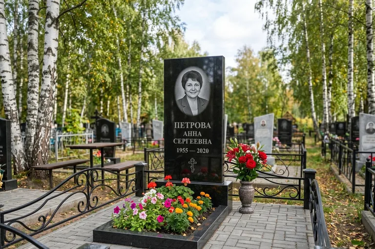 Гранитный памятник с цветником и плиткой в Новом Уренгое