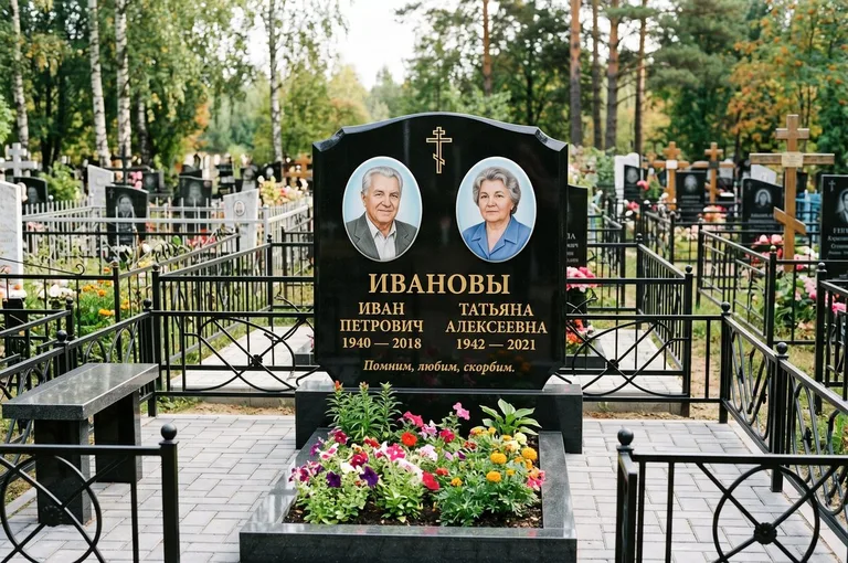 Двойной памятник с оградой и благоустройством в Новом Уренгое