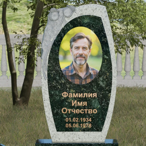 Мемориал с резьбой розы и асимметричной стелой, гранит Балтик грин