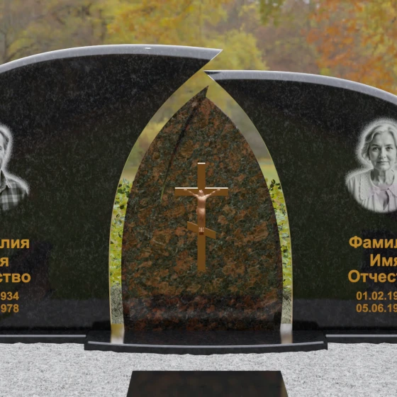 Комбинированный двойной памятник с аркой и крестом, гранит Габбро-диабаз