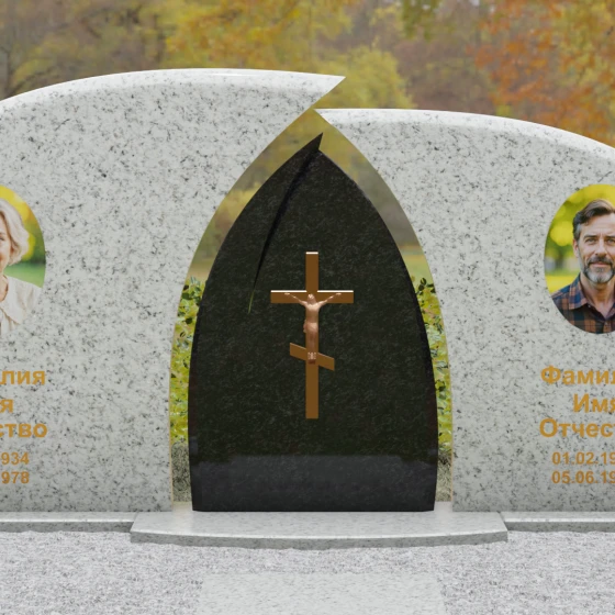 Комбинированный двойной памятник с аркой и крестом, гранит Мансуровский