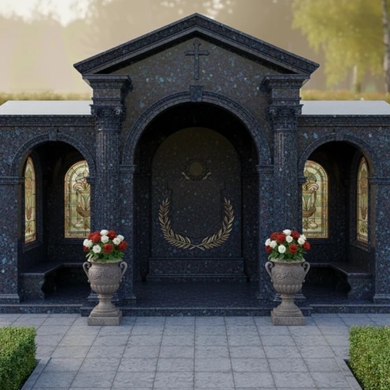 Горизонтальный памятник-храм с арками, гранит Блю Перл