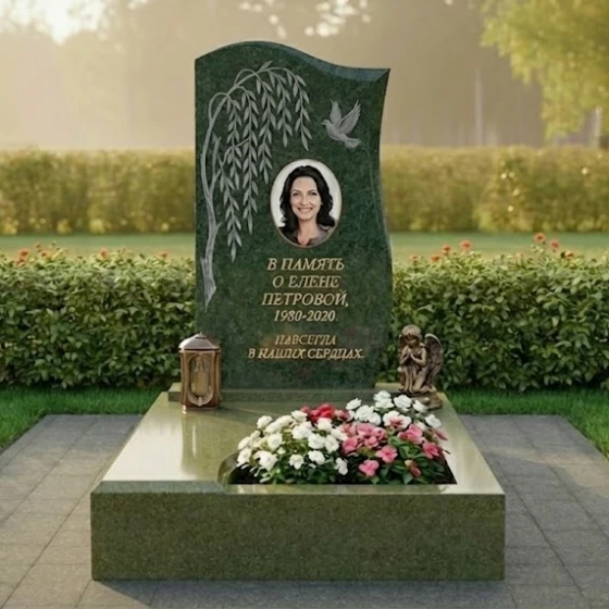 Гранитный мемориал в форме книги с ивой и голубем, гранит Балтик грин