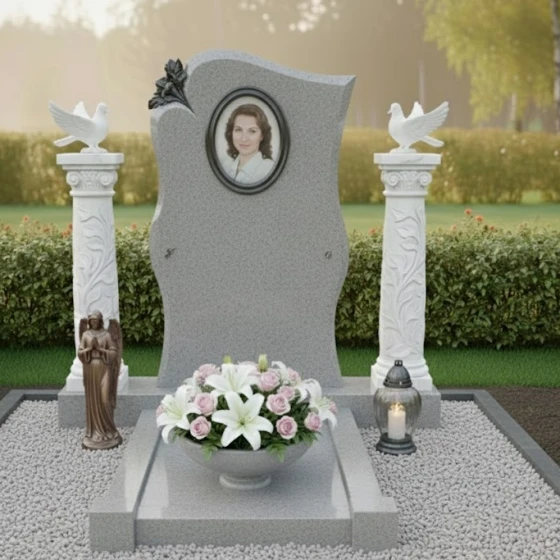 Гранитная стела с волнообразной формой и розой, гранит Мансуровский