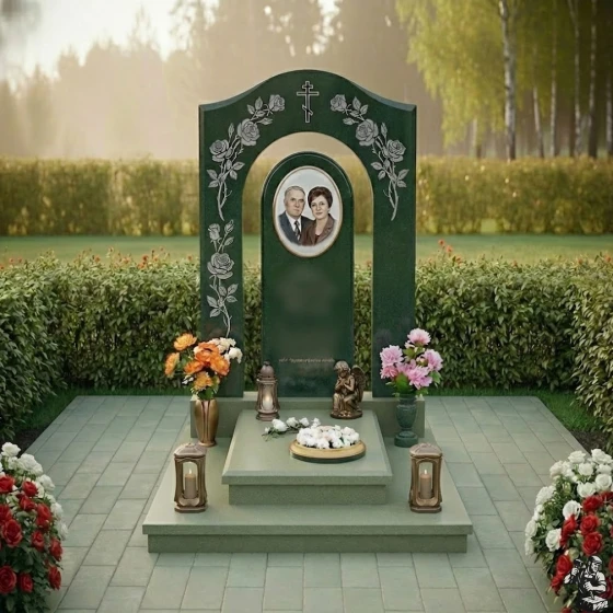Гранитное надгробие с аркой, розами и крестом, гранит Балтик грин