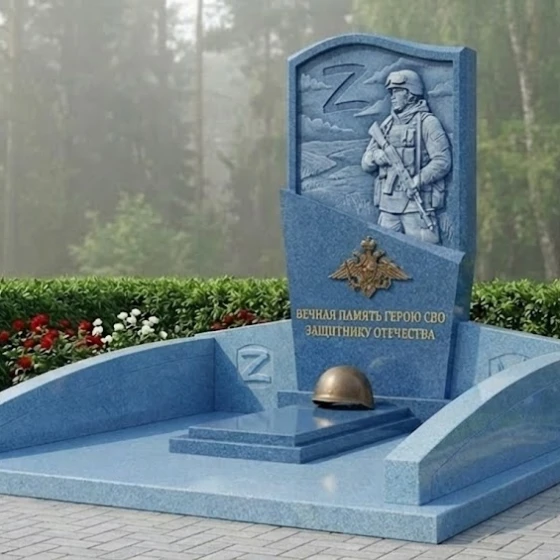 Гранитный памятник воину СВО с барельефом, гранит Блю Перл