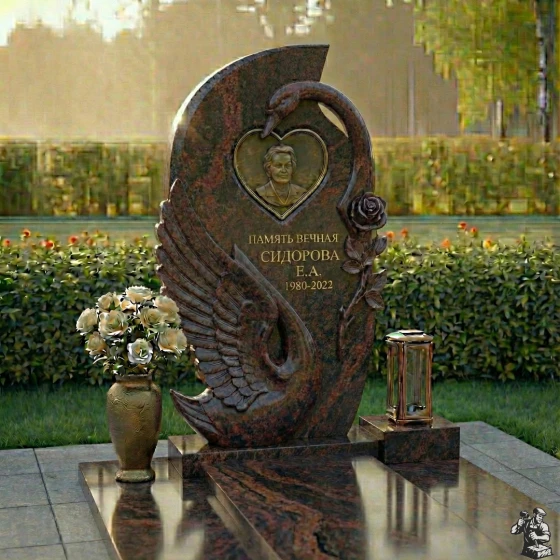 Мемориал с лебедем и розой, комбинированный, гранит амфиболит