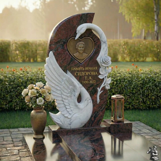 Мемориал с лебедем и розой, комбинированный, гранит Лезниковский
