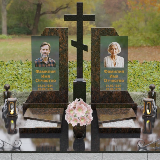 Гранитный памятник с православным крестом и стеклом, гранит Дымовский, вид 2