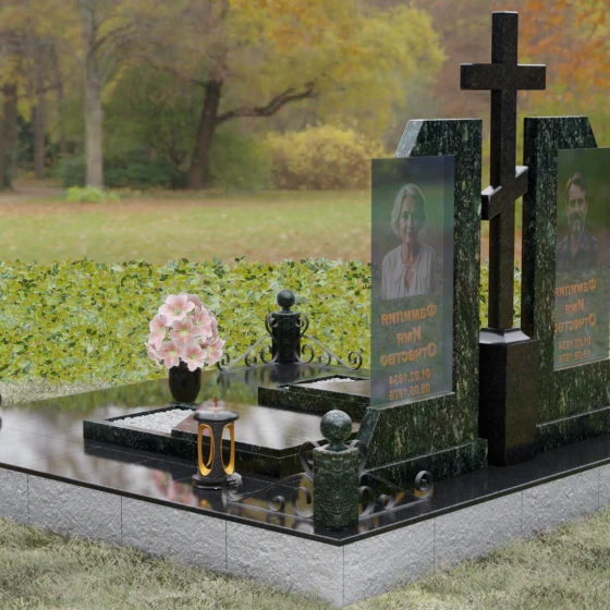 Гранитный памятник с православным крестом и стеклом, гранит Балтик грин, вид 3