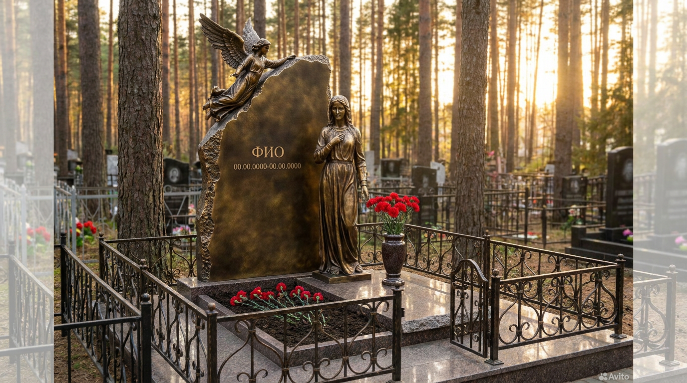 Пример дизайна: Бронзовый памятник с резной фигурой в полный рост с ангелом