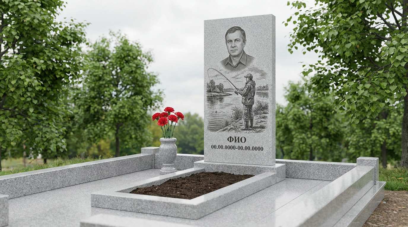 Пример дизайна: Гранитный памятник рыбаку в форме скалы с речным сюжетом