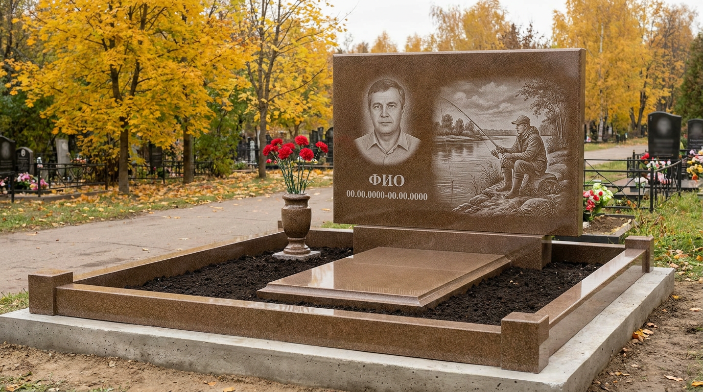Пример дизайна: Гранитный памятник рыбаку в виде скалы с удочкой и лодкой